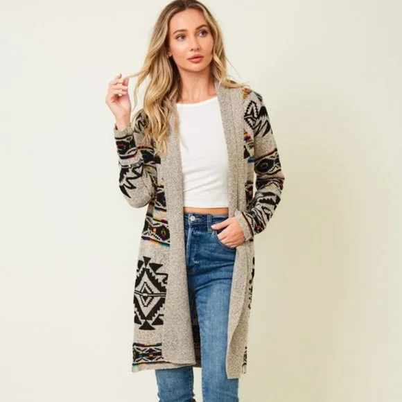new ON BLUE SWEATER CARDIGAN WRAP boho western AZTEC TRIBAL TAUPE jacquard SM-3X - Picture 1 of 9